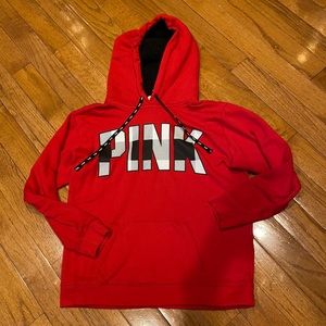 PINK M sweatshirt Red w Grey Sherpa hoodie EUC